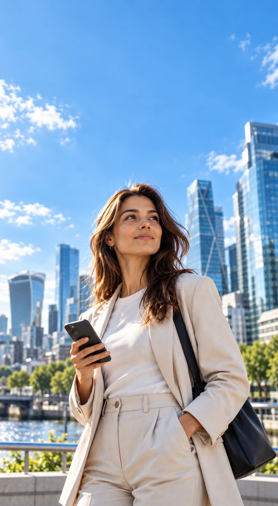 Femme d'affaires dans le quartier financier de Londres, illustrant l'univers de la néobanque MyProsperise.